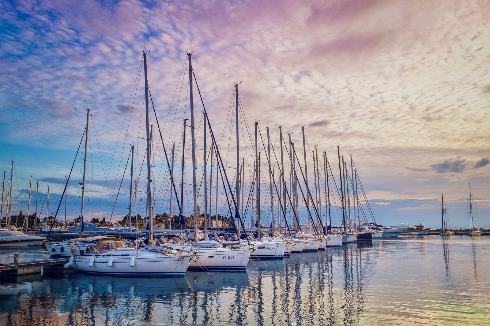 Sailboats and a marina at golden hour — the harbor and boating life of a waterfront town.